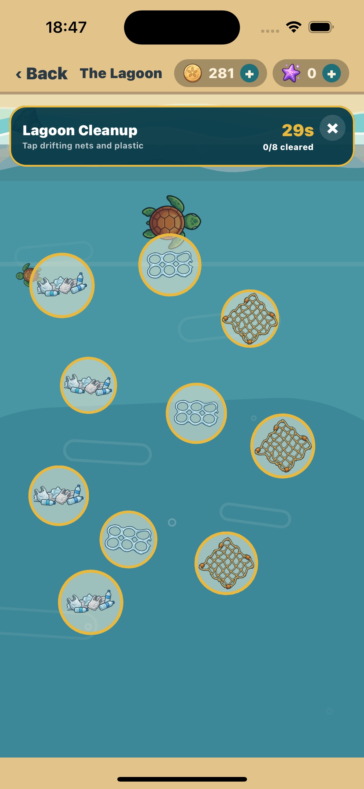 The Lagoon Cleanup minigame with drifting nets and plastic